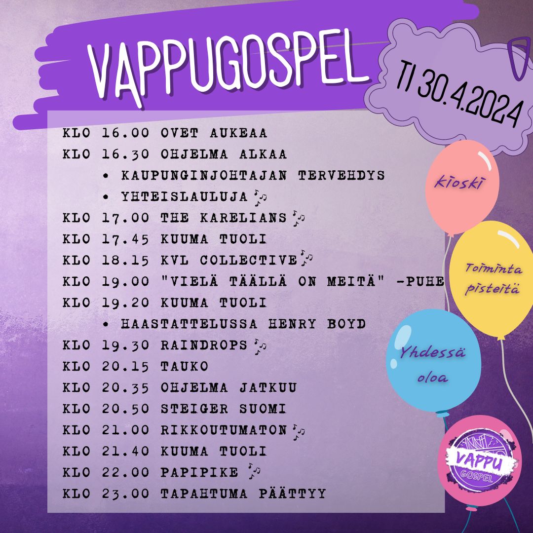 VappuGospel 2024 ohjelma. VappuGospel ti 30.4. klo 16-23 Kouvolassa Lyseon liikuntahallissa, Tietotie 3.