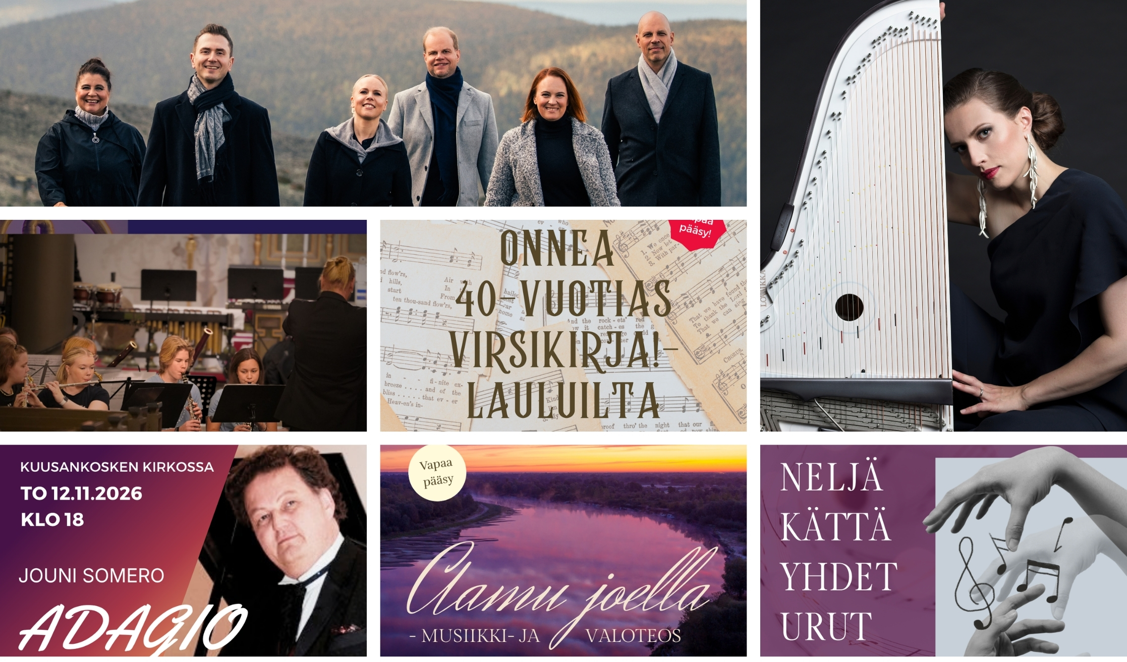 Kirkkomusiikkiviikon esiintyjät tai konsertit seitsemässä eri kuvakehyksessä: Rajaton, Ida Elina, PKMO, Vir...