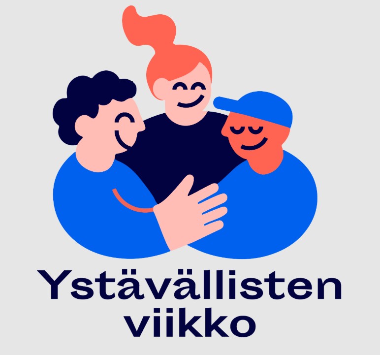 Kolme hahmoa halaamassa toisiaan. Ystävällisten viikko.