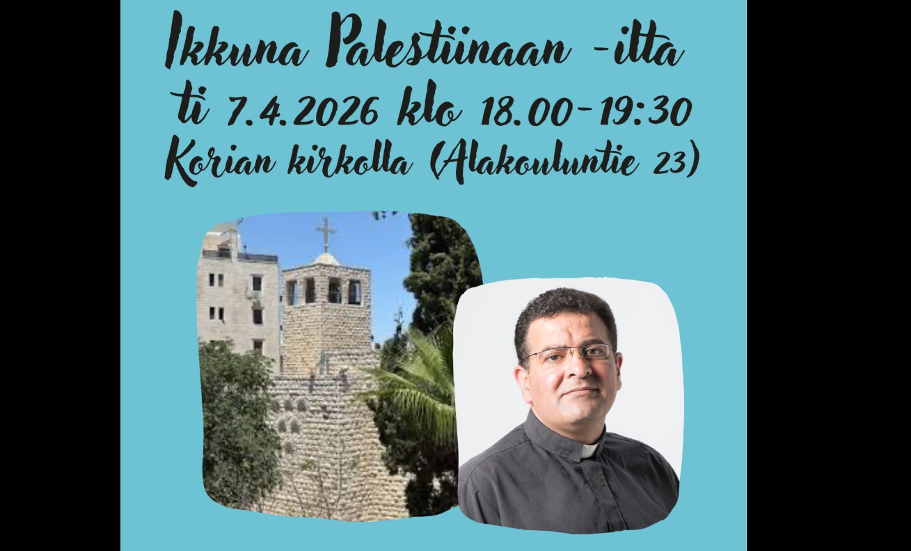 Ikkuna Palestiinaan -ilta ti 7.4.2026 klo 18-19.30 Korian kirkolla, Alakouluntie 23. Kuva kirkosta ja papista.