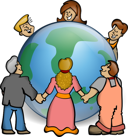 Piirretty kuva, jossa erilaiset ihmiset pitävät toisiaan kädestä maapallon ympärillä.