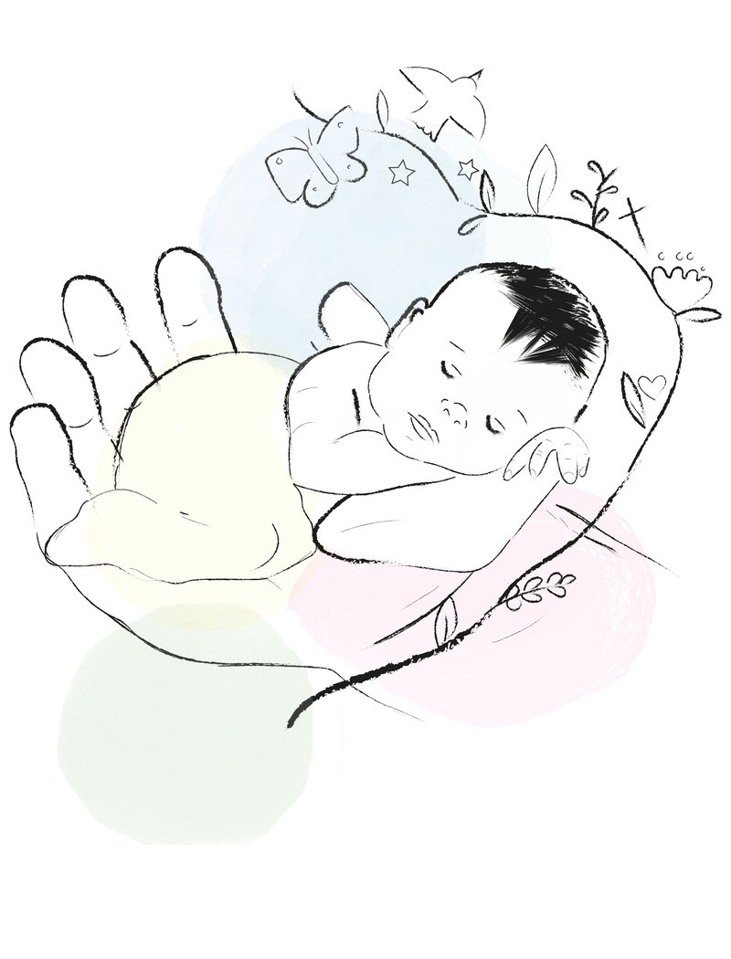 Piirretty kuva, jossa vauva makaa Jumalan kämmenellä.