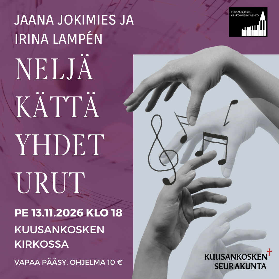 Pe 13.11. klo 18 Jaana Jokimies ja Irina Lampén - Neljä kättä, yhdet urut. Vapaa pääsy, ohjelma 10 €.
