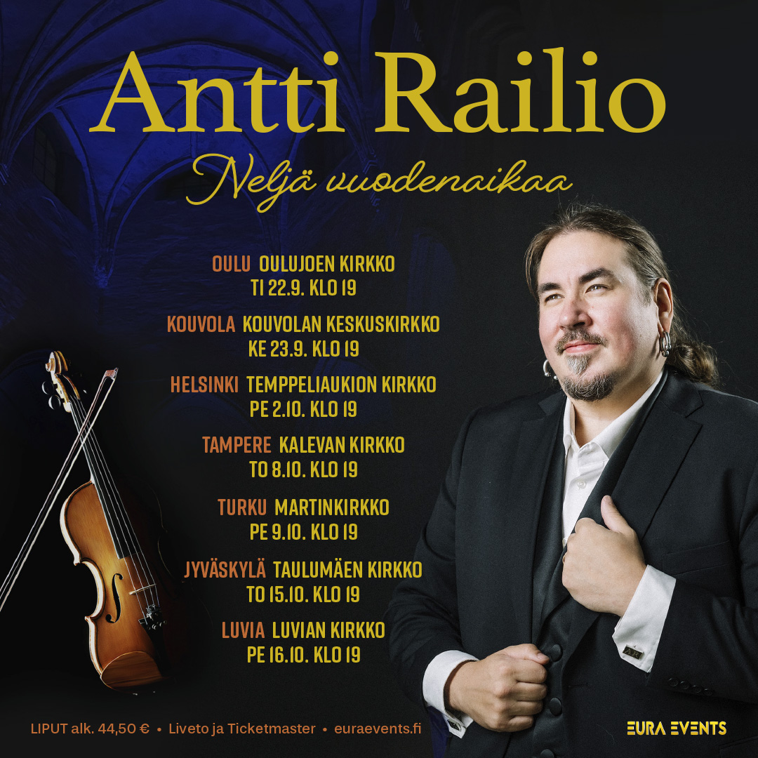 Antti Railion rintakuva ja tiedot seitsemästä konsertista eri kirkoissa.
