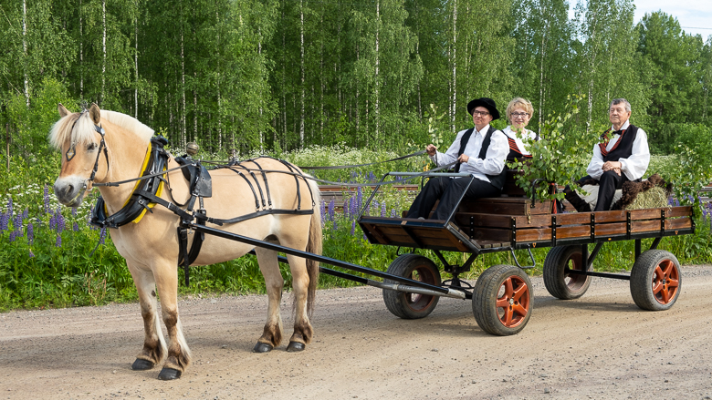 Perinnejumalanpalvelus 1800-luvun tapaan hevonen vetämässä kärryjä, joissa kolme ihmistä perinneasuissa