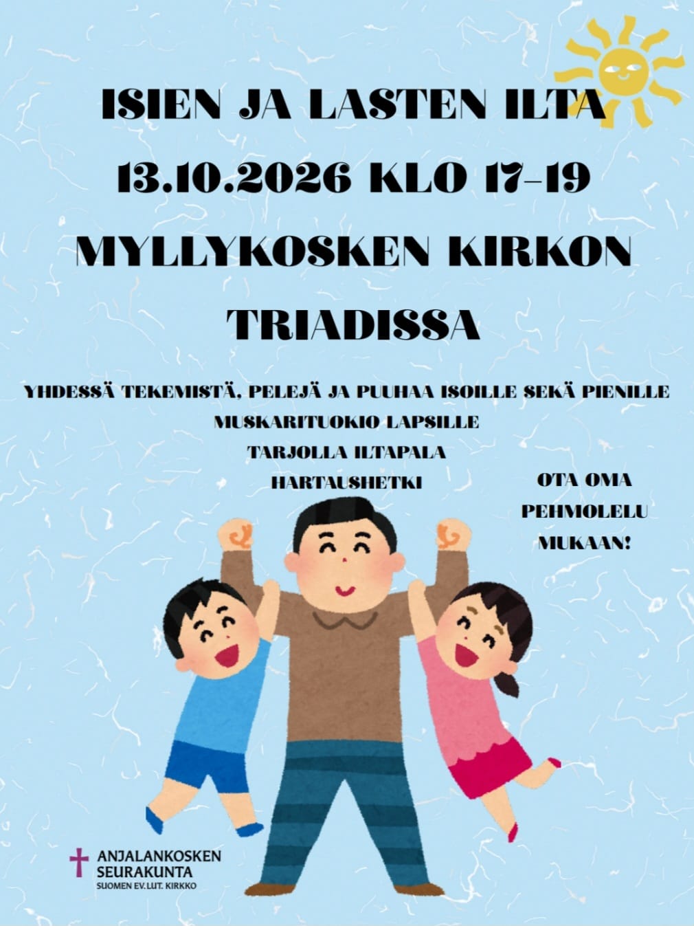 Mainos isien ja lasten yhteisestä illasta, jossa tiedot ajasta, paikasta ja ohjelmasta.