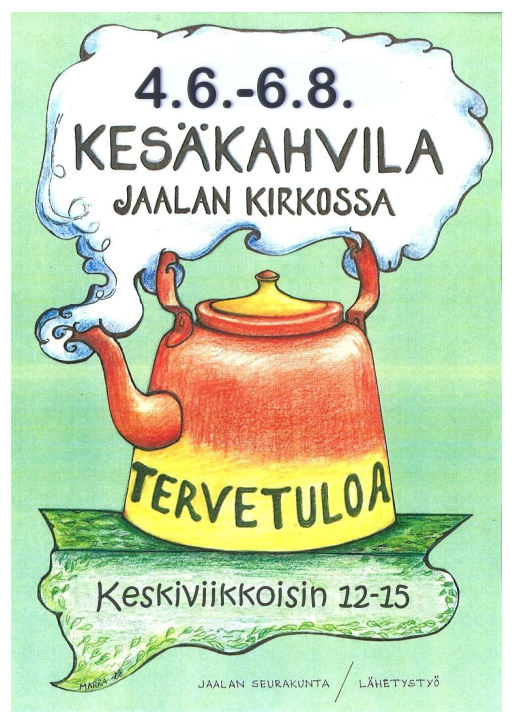 Piirrettu kuparinen kahvipannu, jossa teksti Jaalan kesäkahvila keskiviikkoisin klo 12-15, tervetuloa!
