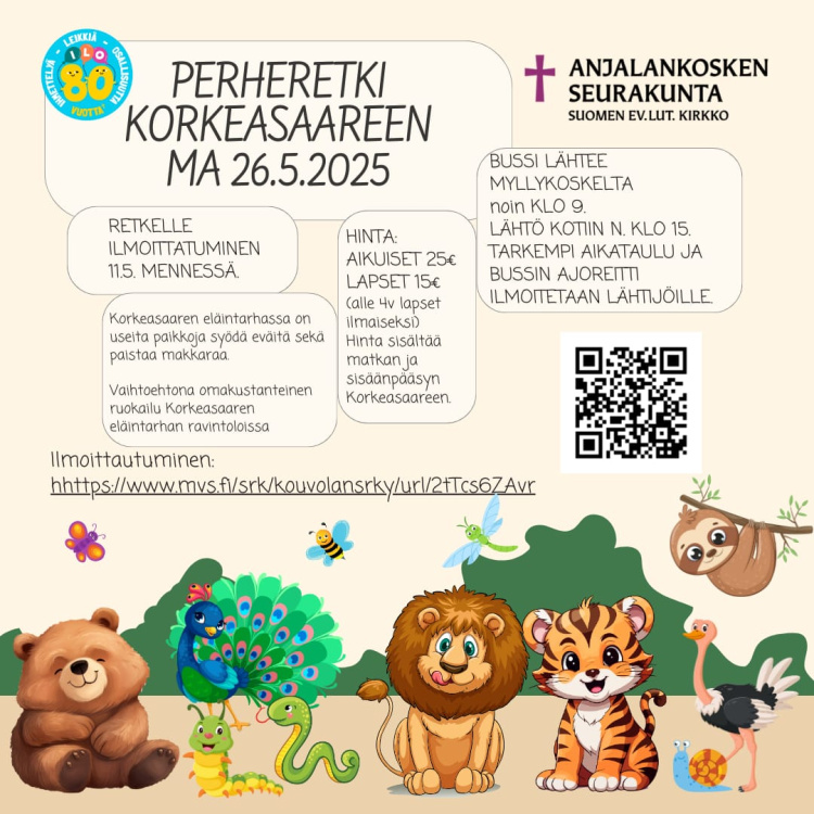 Perheretki Korkeasaareen Suuren kevätretkipäivän mainos, jossa tiedot retken ajasta ja paikasta