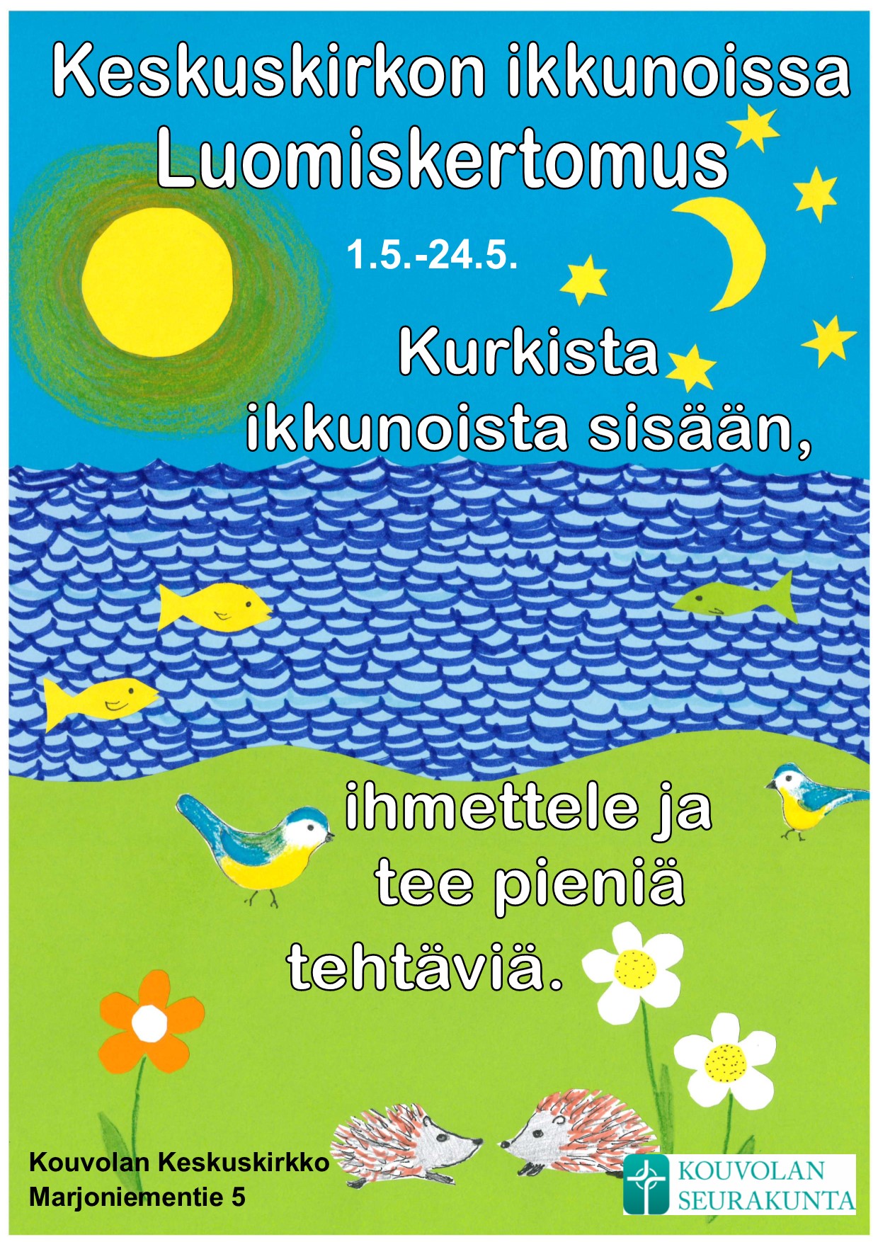 Luomiskertomus kirkon ikkunoissa Kuvassa on aurinko, kuu, tähtiä, kaloja, lintuja, kukkia ja kaksi siiliä.