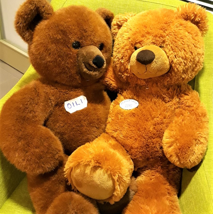 Koivistontalon kirkkomuskari, 2.ryhmä Muskarinallet Oili ja Osmo nojatuolissa.