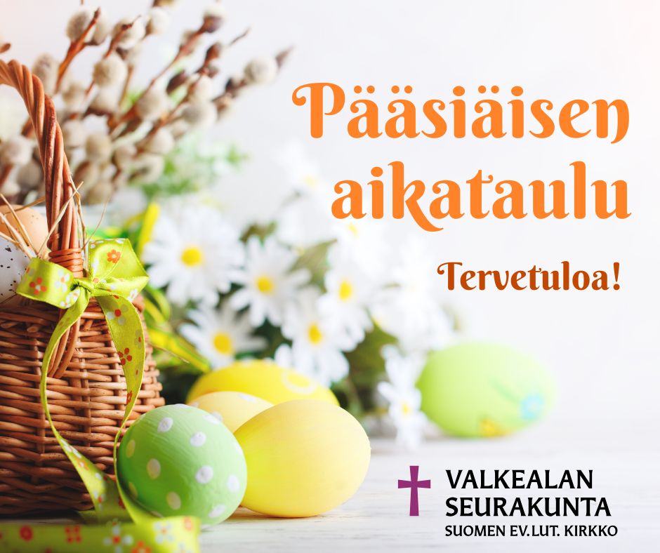 Pääsiäisen aikataulu Valkealan seurakunnassa Pääsiäisen aikaan seurakunnassa on monia tilaisuuksia, joihin olet lämpimästi tervetullut läheltä tai kaukaa. Kaikkiin tilaisuuksiin on vapaa pääsy! Rippikoululaisilla on mainio mahdollisuus saada merkinnät rippikouluvihkoon. Pääsiäisen aikataulu Su 13.4. klo 10 Messu Valkealan kirkossa. Ari Luomajoki, Kirsi Rantala, Lotta Kemppainen. Su 13.4. klo 17 Lähellä Jeesusta ilta Valkealan seurakuntakeskuksen yläsalissa. Puhumassa sairaalapastori Kari Niemelä, musiikista vastaa kanttori Kirsi Rantala. Ma 14.4. klo 18 Hiljentymistä raamatuntekstien äärellä sekä Taize-musiikkia Valkealan kirkossa. Saija Sarkasuo, Kirsi Rantala, Teemu Kääriäinen, Liisa Nurmi ja Tuula Faye. Ti 15.4. klo 18 Konsertti Valkealan kirkossa. Valkealan kamariorkesteri, solistina Hanna Hoikkala. Vapaa pääsy! Ke 16.4. klo 18 Vesper-iltarukoushetki Valkealan kirkossa. Sanni Lehtinen, musiikista vastaa Gregoriaanisen mieslauluyhtyeen sekä Vanitatum Vanitas lauluyhtyeen jäsenet. To 17.4. klo 18 Ehtoolliskirkko Tuohikotin kirkossa. Sanni Lehtinen ja Teemu Kääriäinen. To 17.4. klo 18 Ehtoolliskirkko Valkealan kirkossa. Saija Sarkasuo, Satu Leino ja Kirsi Rantala. Pe 18.4. klo 10 Sanajumalanpalvelus Valkealan kirkossa. Ari Luomajoki, Teemu Kääriäinen sekä ristinkantaja Mikko Rasimus. Pe 18.4. klo 16