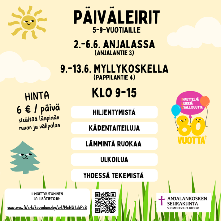 Päiväleiri Anjalassa 2.-6.6. Päiväleirimainos, jossa leiripäivien ajat ja paikat