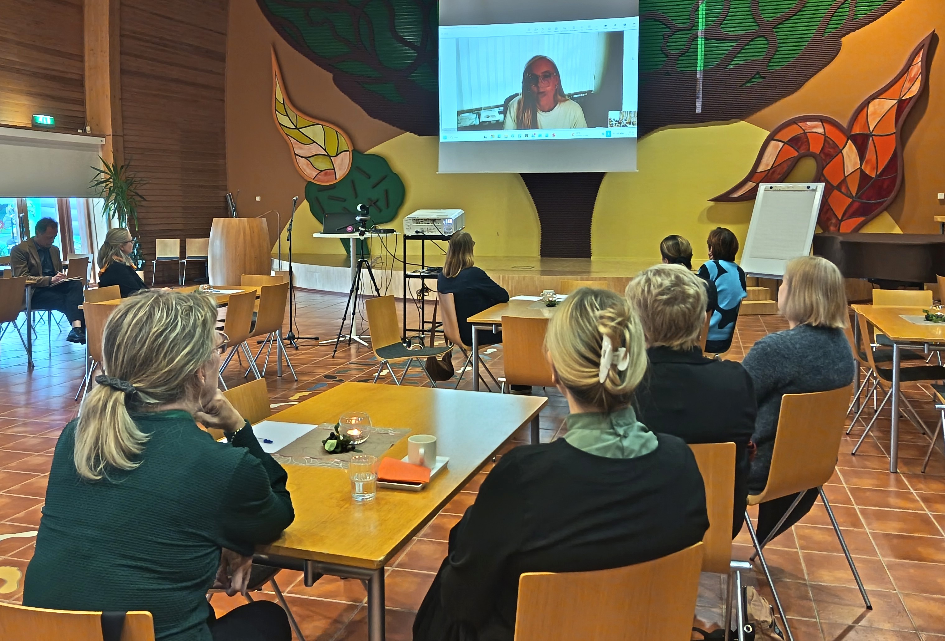 Osallistujat seuraavat Maria Ohisalon esitystä etäyhteydellä.