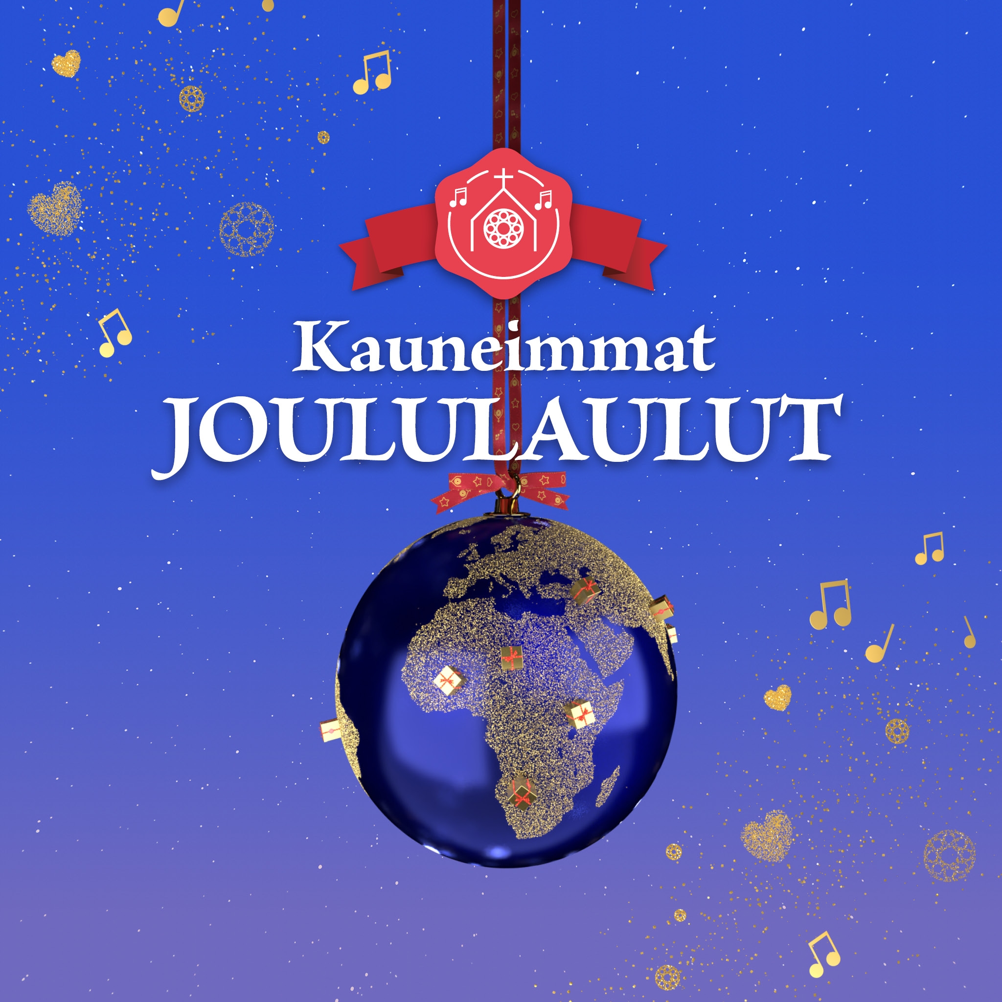 Kauneimmat Joululaulut -logo ja maapallo joulukuusenkoriste tähtitaivaalla