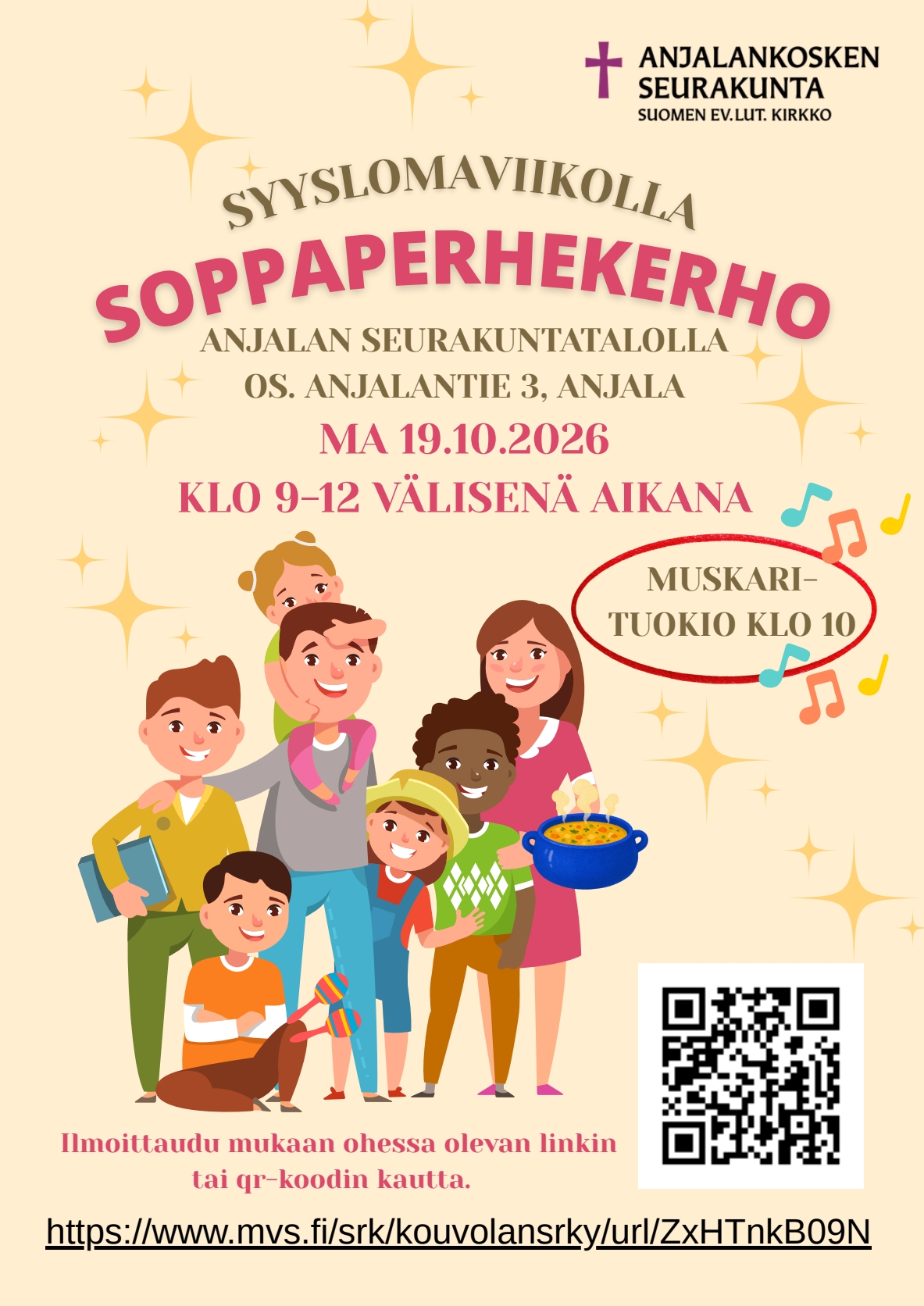 Kuva syysloman perhekerhomainoksesta, jossa tiedot perhekerhon ajankohdasta. Kuvassa myös ihmisiä ja ilmoittautumislinkki sekä qr-koodi.
