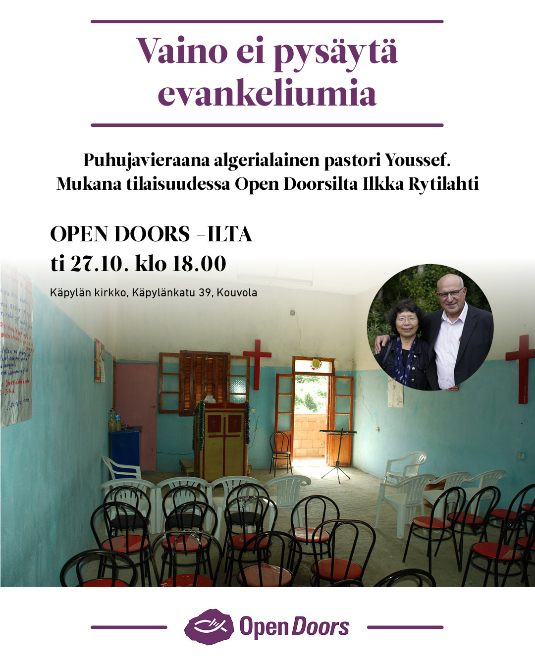 Open Doors -illan mainos. Kuvassa pastori Youssef ja hänen vaimonsa