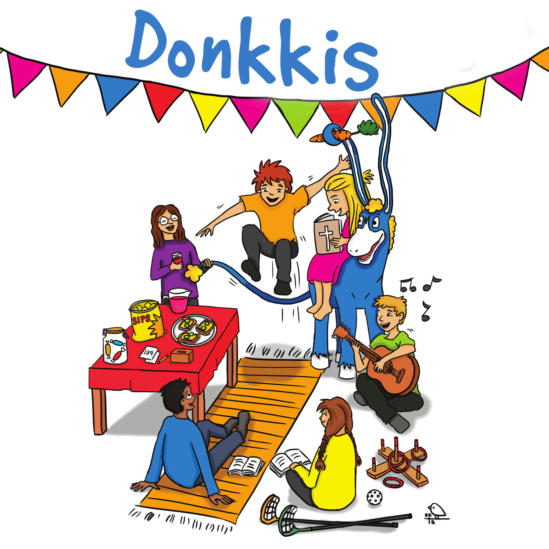 Donkkis -logo, jossa piirrettyjä leikkivien lapsien kuvia