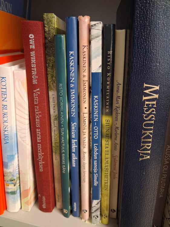 Kirjat seisovat hyllyssä valmiina otettaviksi.