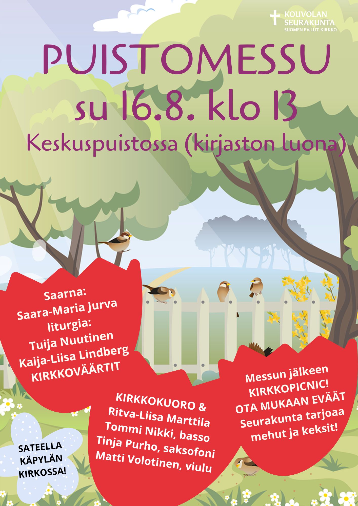 Puistomessu su 16.8.klo 13 keskuspuistossa, kirjaston luona