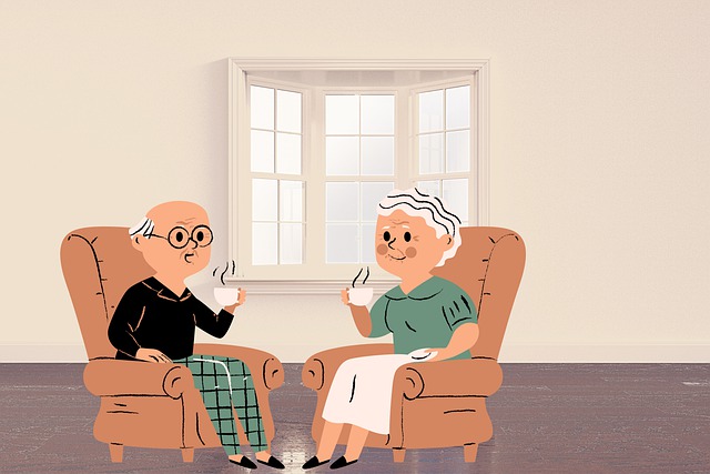 Piirros, jossa iäkkäät mies ja nainen juovat kahvia ja istuvat nojatuoleissa