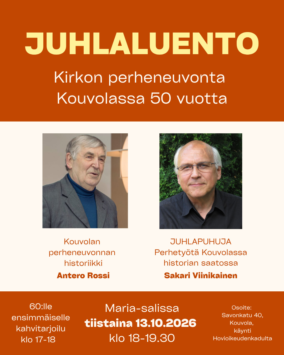 Juhlaluento 13.10.2026 Maria-salissa klo 18-19.30, kahvit 60:lle ensimmäiselle klo 17-18.