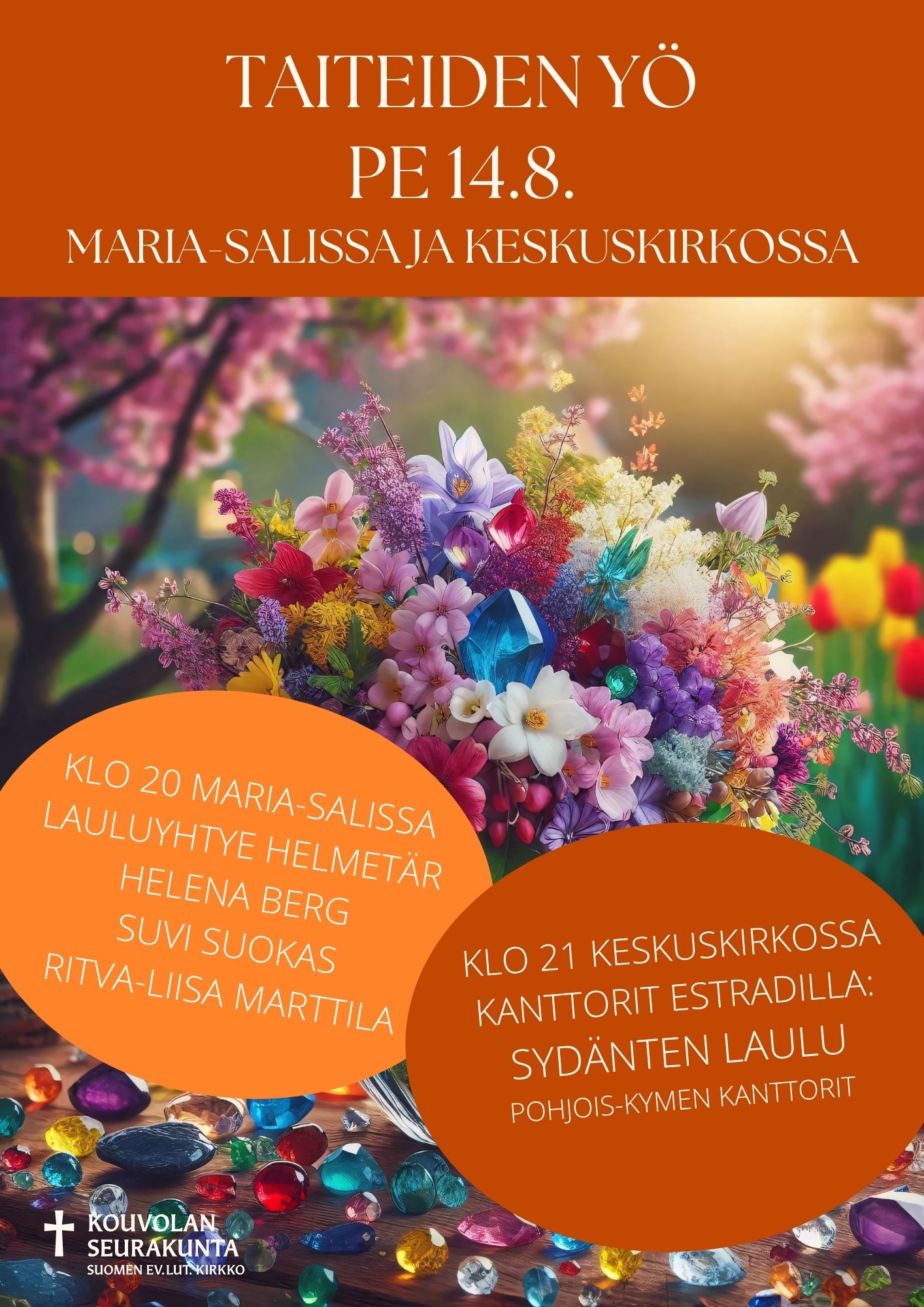 Valkoisia kukkia ja vihreitä lehtiä.