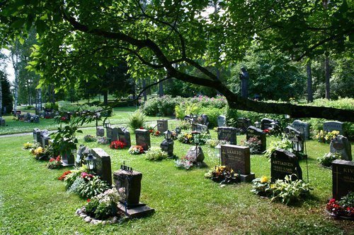 Kukitettuja hautakivia vanhalla hautausmaalla.