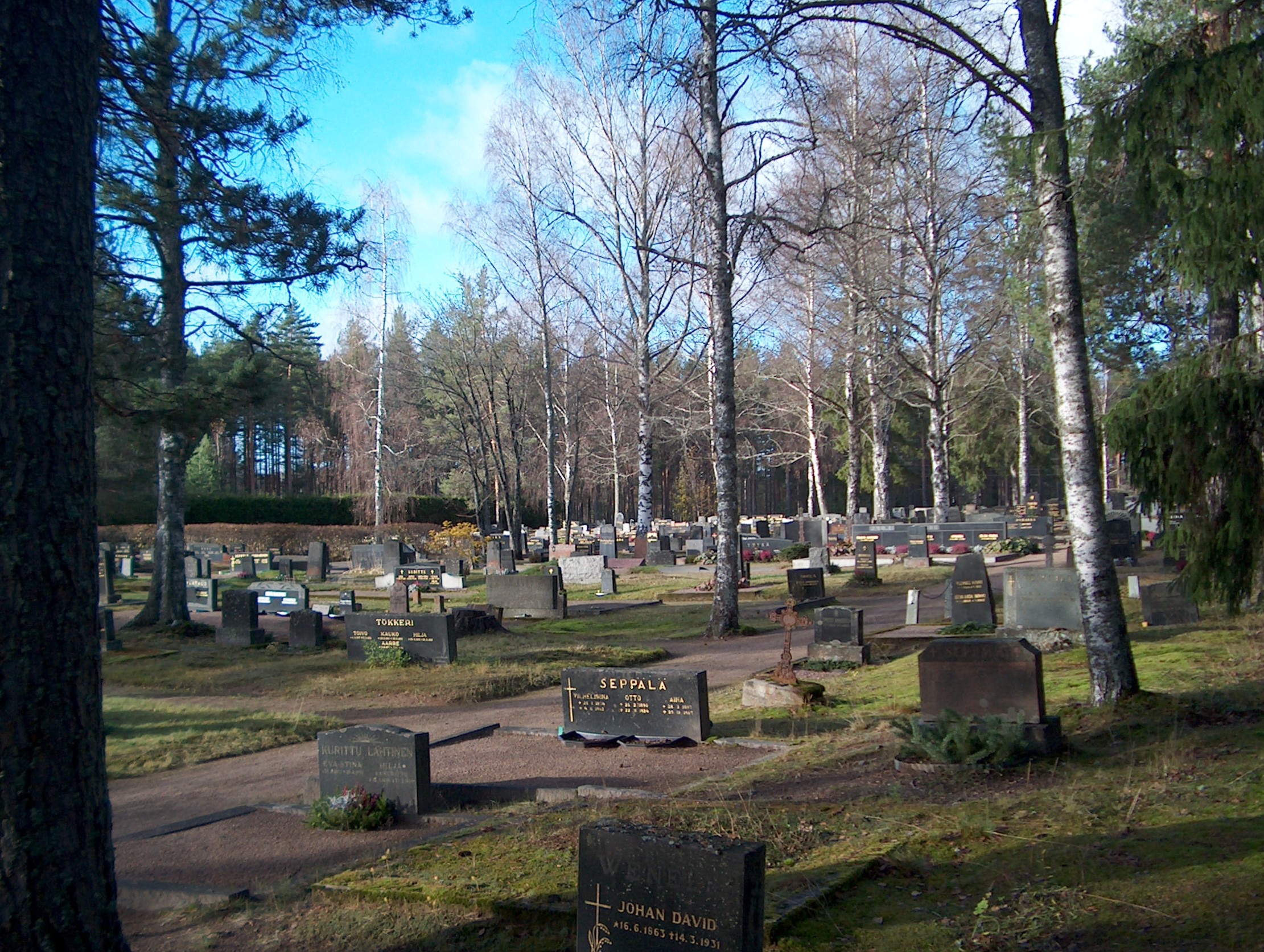 Keväinen hautausmaa, jossa näkyy hautakiviä, lehdettömiä puita ja vaaleansinistä taivasta.