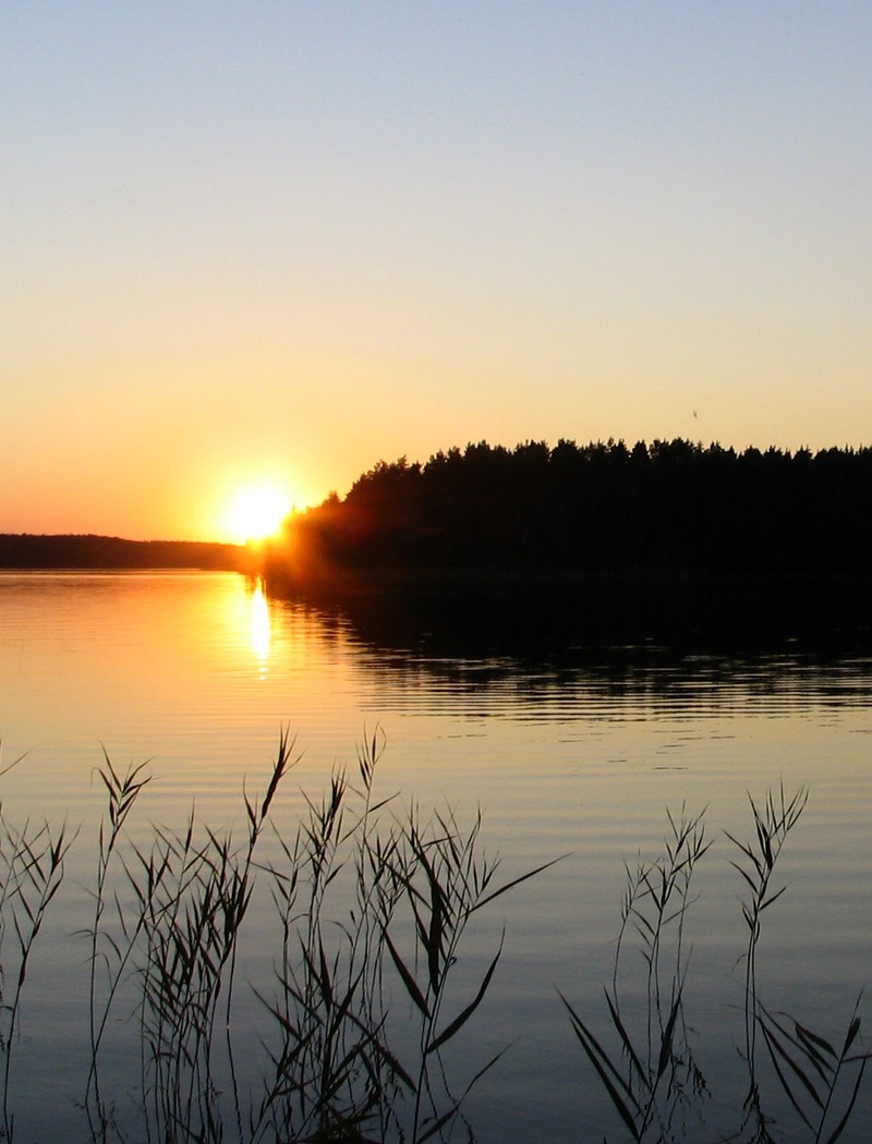 Auringonlasku pilkottaa puiden takaa tyynen järven yli.