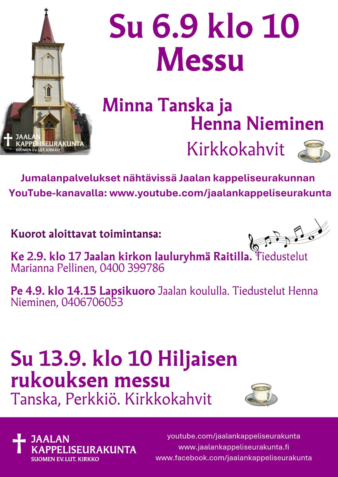 Su 6.9. klo 10 Messu Jaalan kirkossa. 