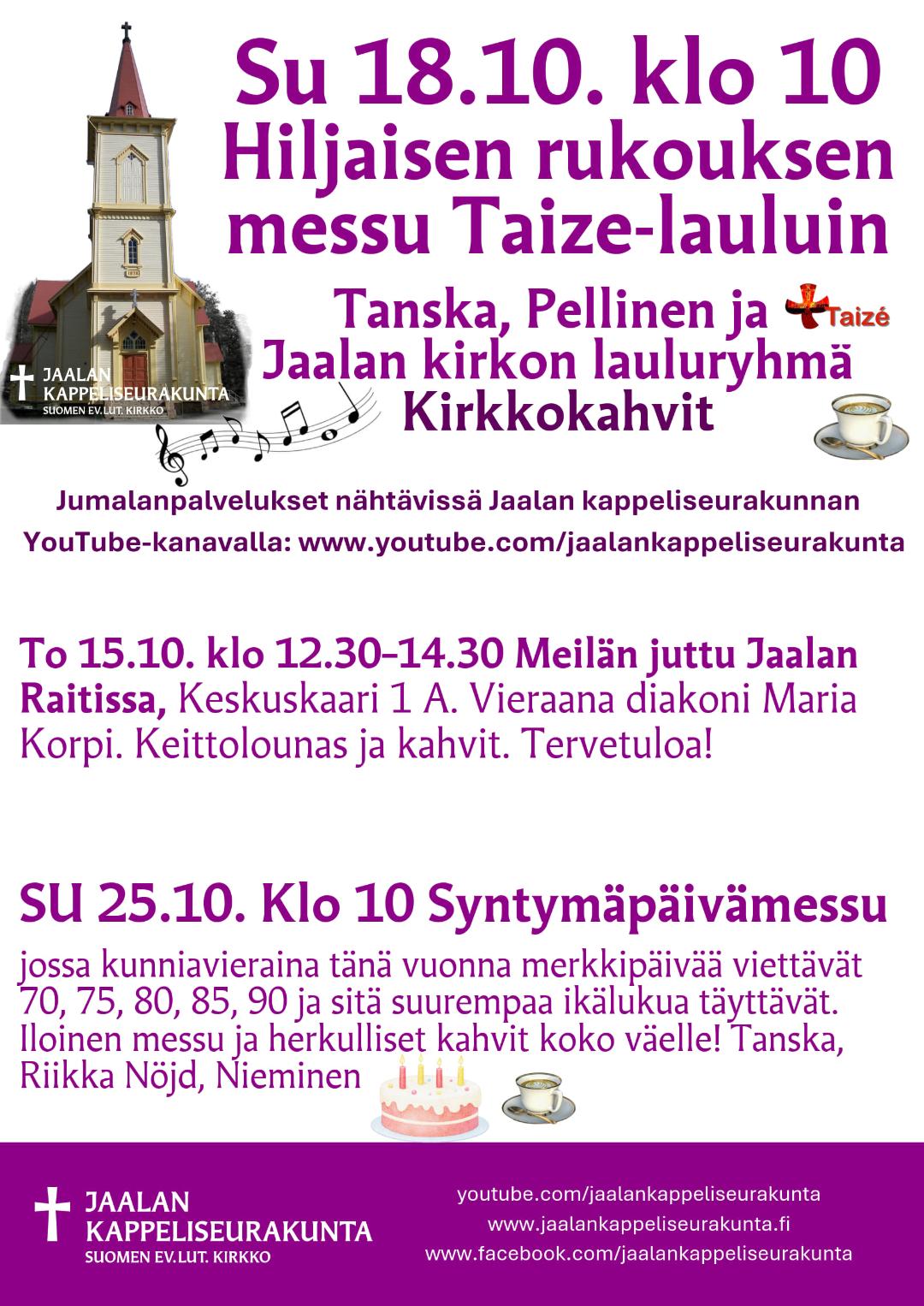 Su 18.10. klo 10 Hiljaisen rukouksen messu Taize-lauluin.
