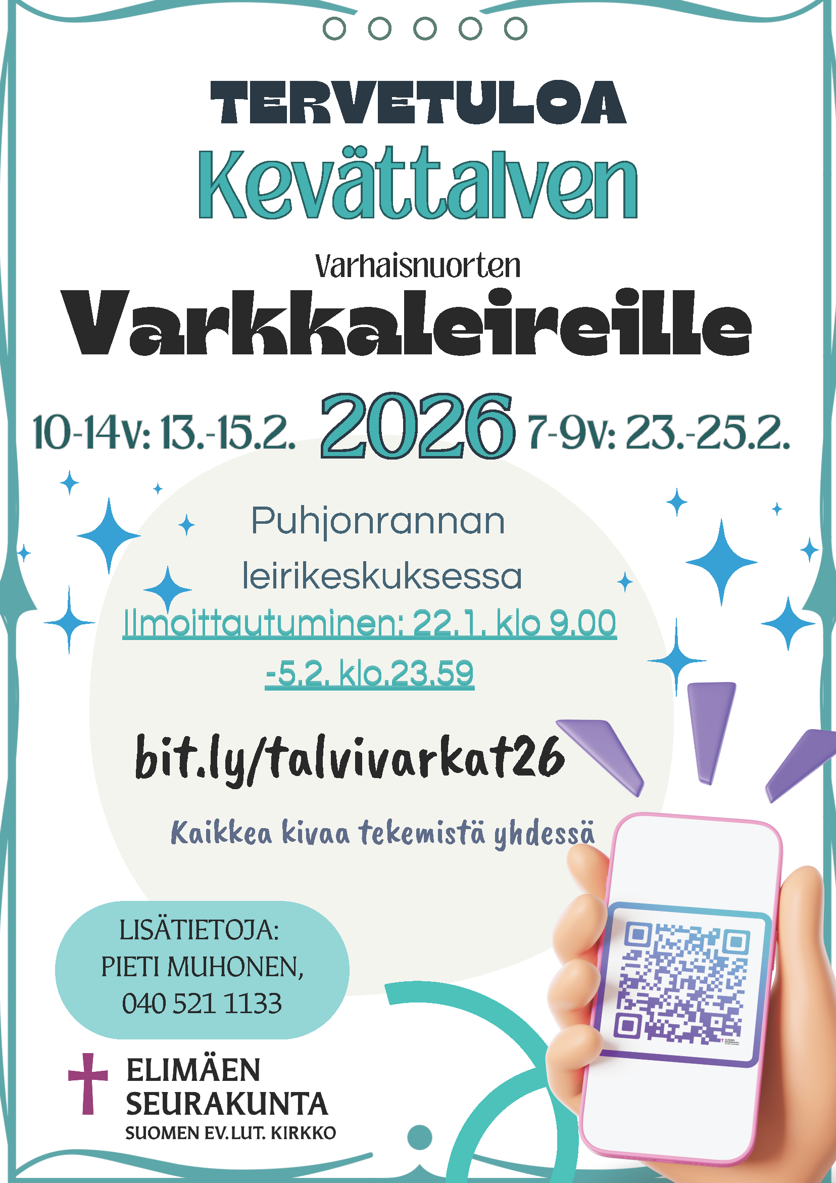 Mainosjuliste Elimäen seurakunnan varhaisnuorten leireistä.